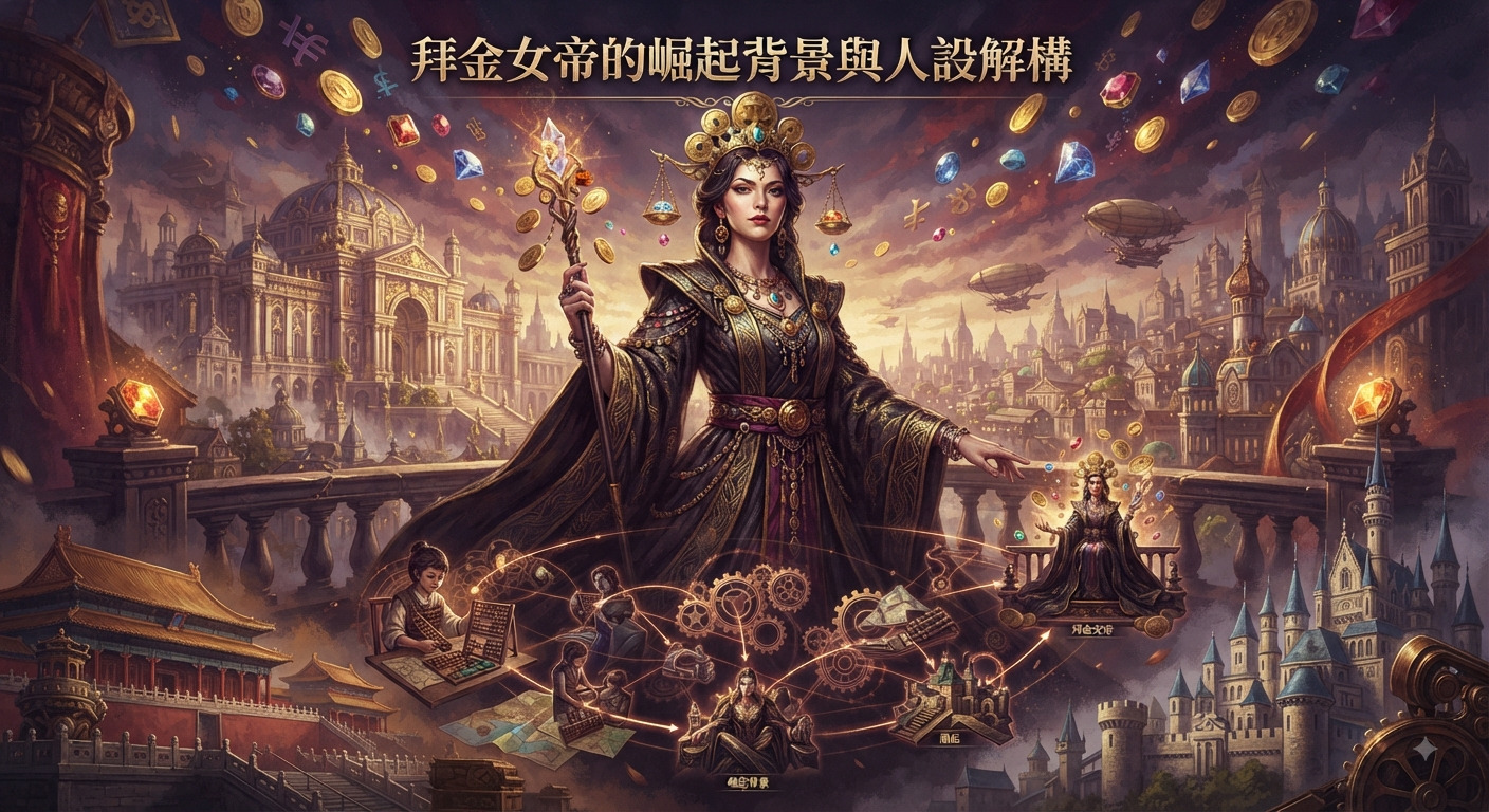 這張圖片以奇幻史詩風格描繪了拜金女帝的崛起背景與人設解構。 畫面頂端醒目地展示著標題文字,背景則交織著奢華宮殿、金幣珠寶與角色成長的解構元素。