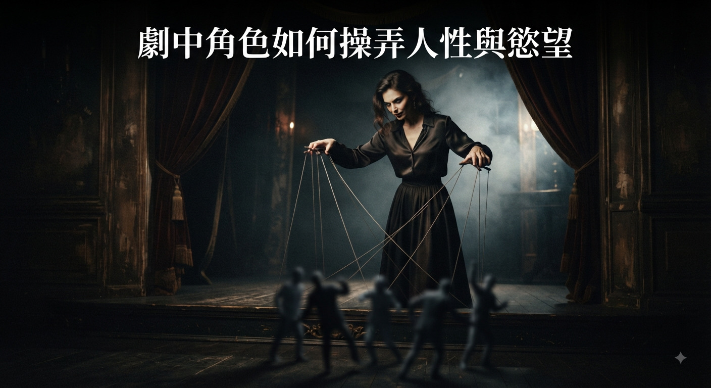 這張圖片展示了一位穿著黑色洋裝的女性,她站在一個陰暗的舞台上,像是木偶師一樣控制著五個小人偶。 舞台背景有深紅色的幕簾和昏暗的燈光,標題文字「劇中角色如何操弄人性與慾望」則以白色大字顯示在圖像上方。