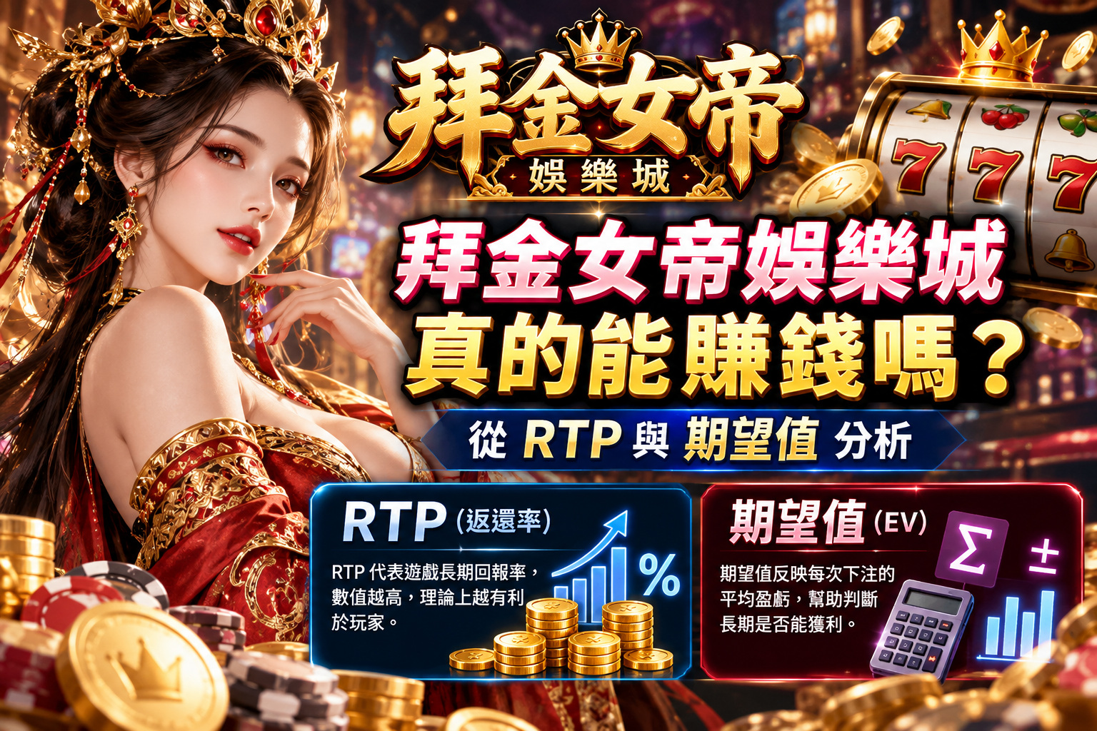 透過拜金女帝娛樂城主題視覺,結合老虎機、金幣與數據圖表,解析遊戲RTP返還率及獲利機率。 深入探討期望值(EV)與長期投注盈虧的關係,揭示娛樂城遊戲的數學原理及潛在風險。