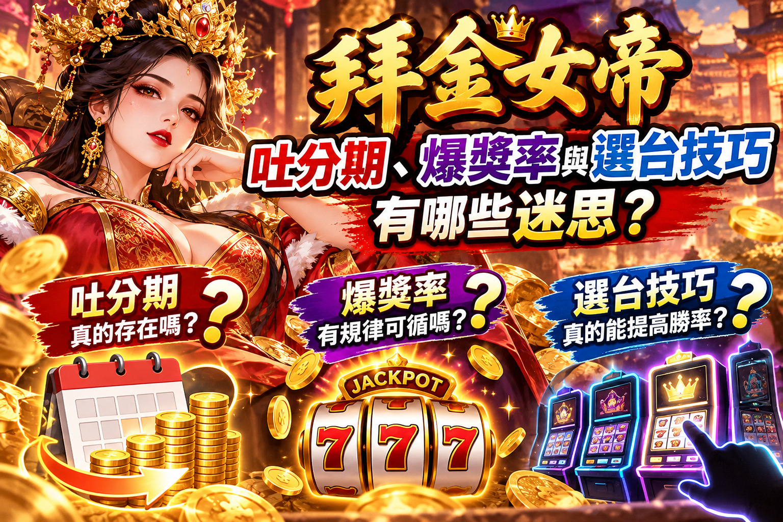 圖片以華麗的拜金女帝、金幣與老虎機為主視覺,呈現娛樂城吐分期、爆獎率與選台技巧的熱門迷思。 透過彩金符號、遊戲機台與醒目問號,解析爆獎規律是否存在,以及選台技巧能否真正提高中獎機率。